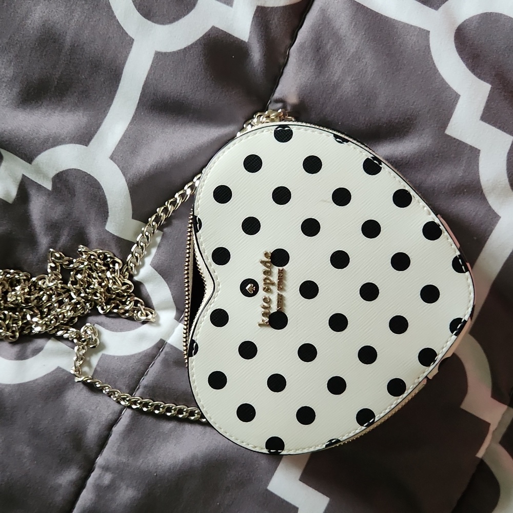 Brand new Kate Spade mini heart purse,  off white with black polka dots